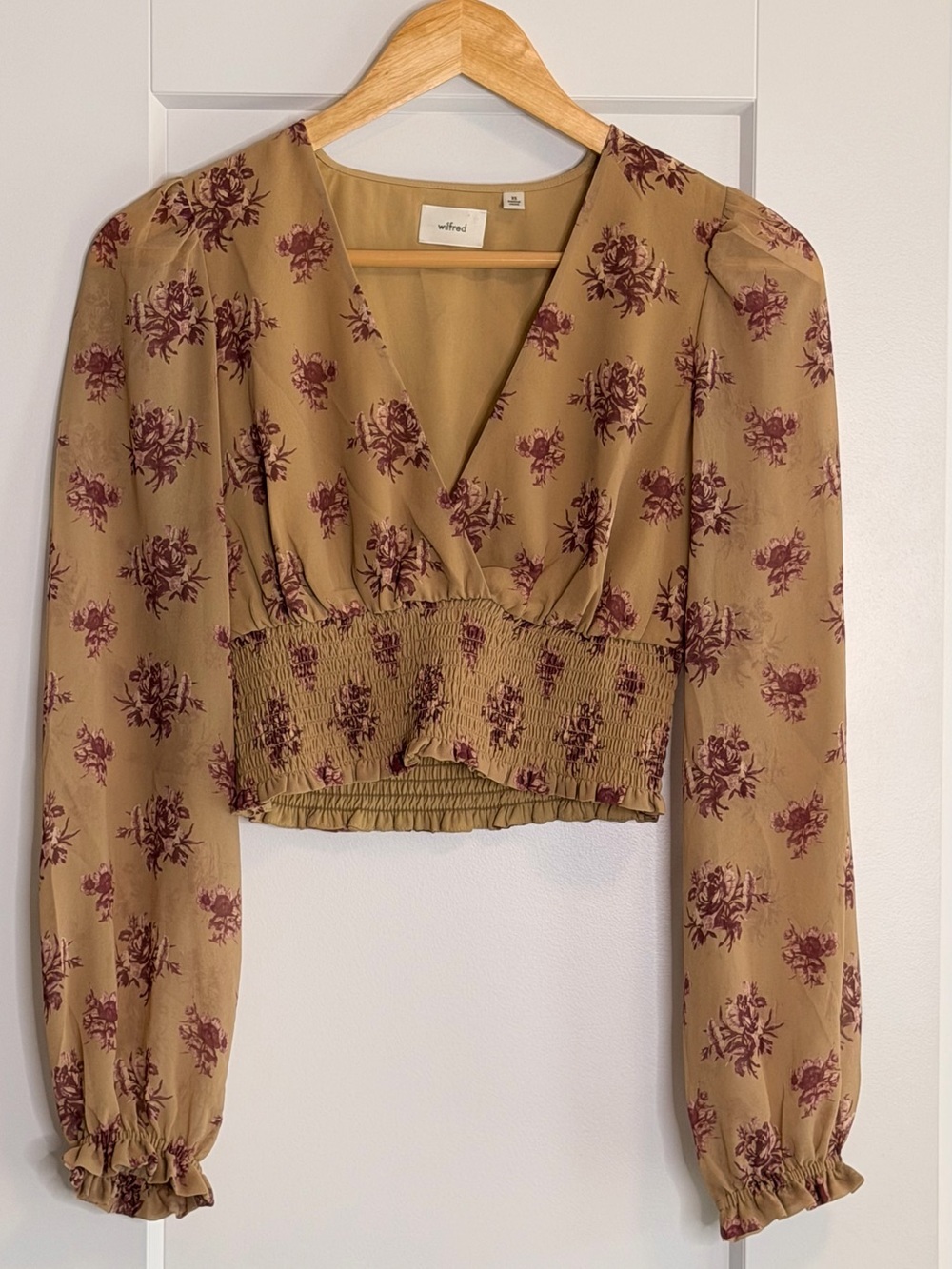 🩵2 for 30- Wilfred Floral Smocked Cropped Blouse - Mustard with Burgundy Print